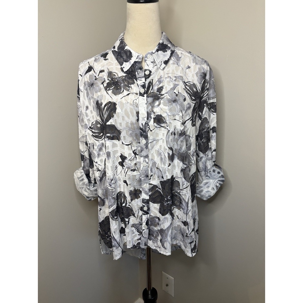 SnoSkins Floral Burnout Jacquard Blouse Gray White Grid Button Down Shirt Small